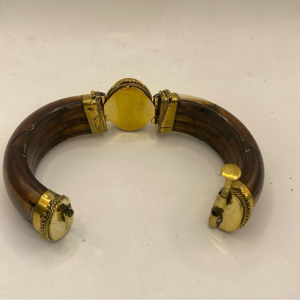 Southwest Turquoise Hinged Wooden Cuff Brass, Bracelet 7” - Picture 6 of 7